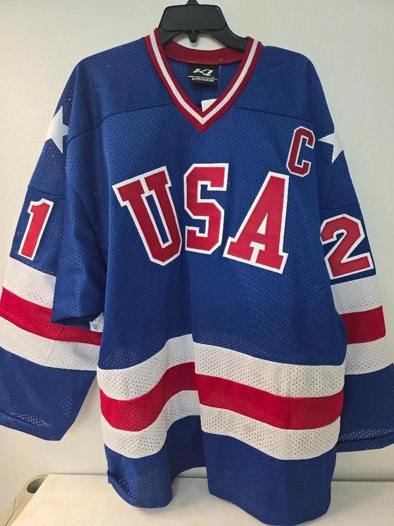 Mens K1 MIKE ERUZIONE 1980 Miracle On Ice Hockey Jersey BLUE