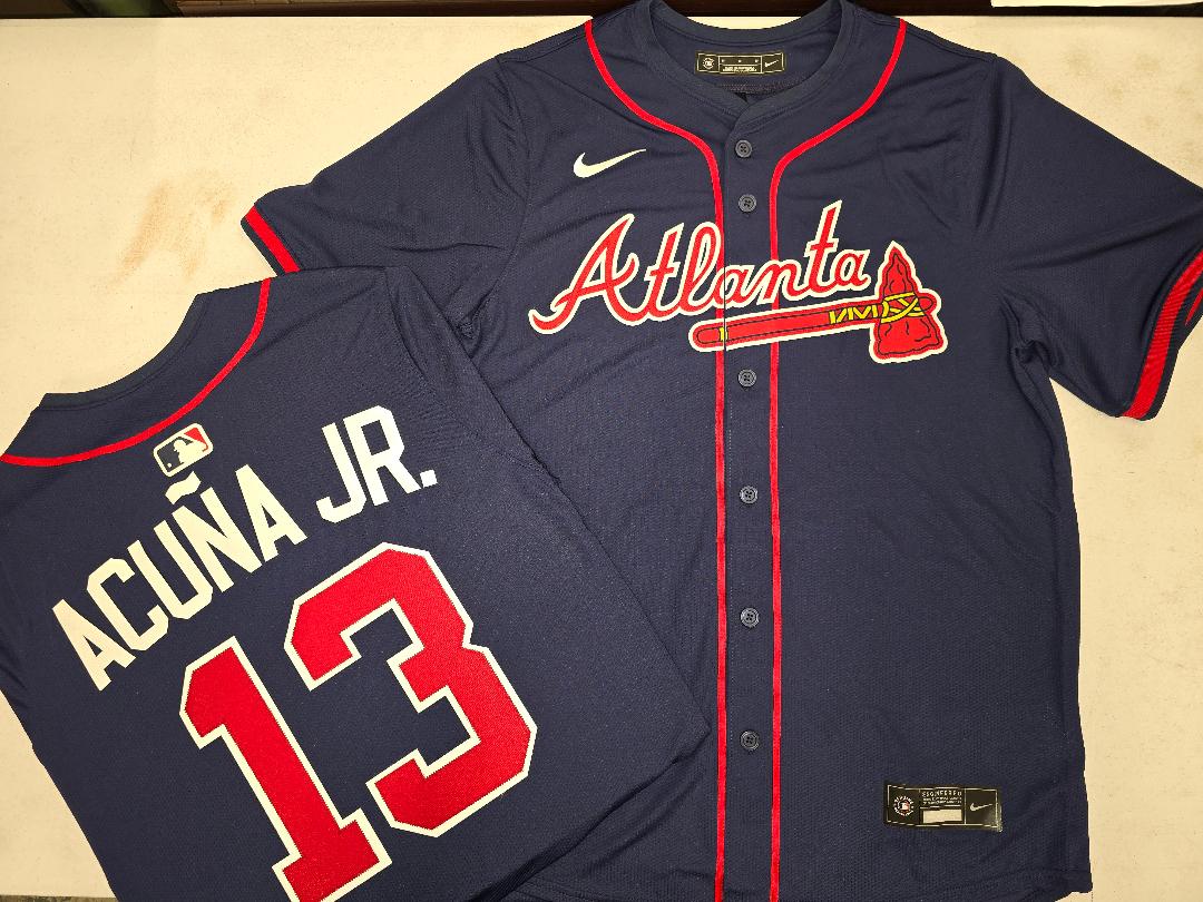 Nike Atlanta Braves RONALD ACUNA JR Sewn Baseball Jersey NAVY