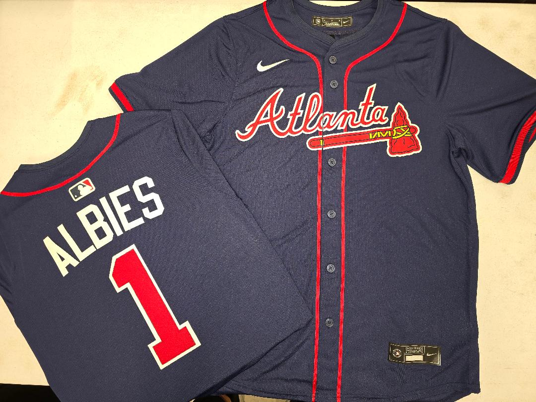 Nike Atlanta Braves OZZIE ALBIES Sewn Baseball Jersey NAVY