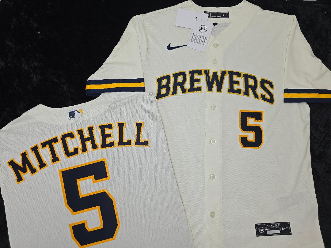 Nike Milwaukee Brewers GARRETT MITCHELL Sewn Baseball Jersey IVORY