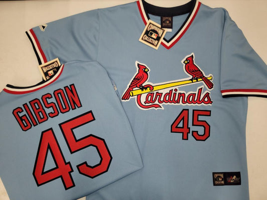 Mens Majestic Cooperstown Collection St Louis Cardinals BOB GIBSON Baseball Jersey Powder Blue