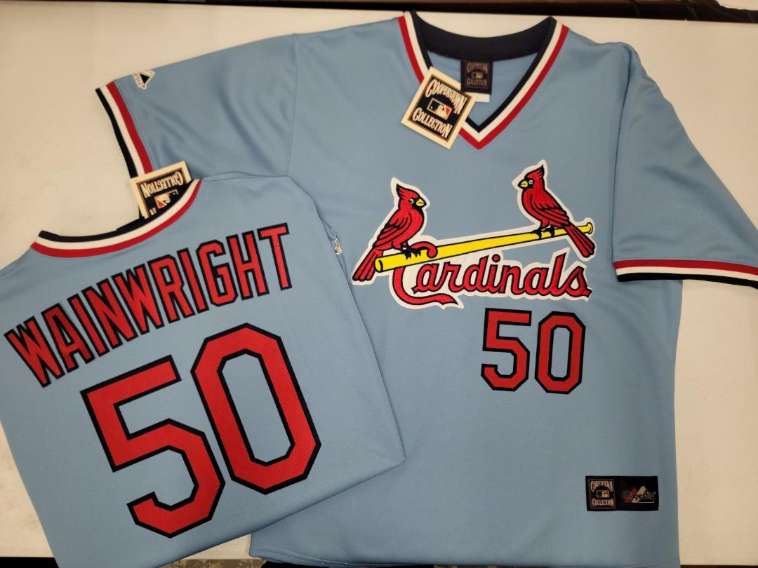 Mens Majestic Cooperstown Collection St Louis Cardinals ADAM WAINWRIGHT Baseball Jersey Powder Blue