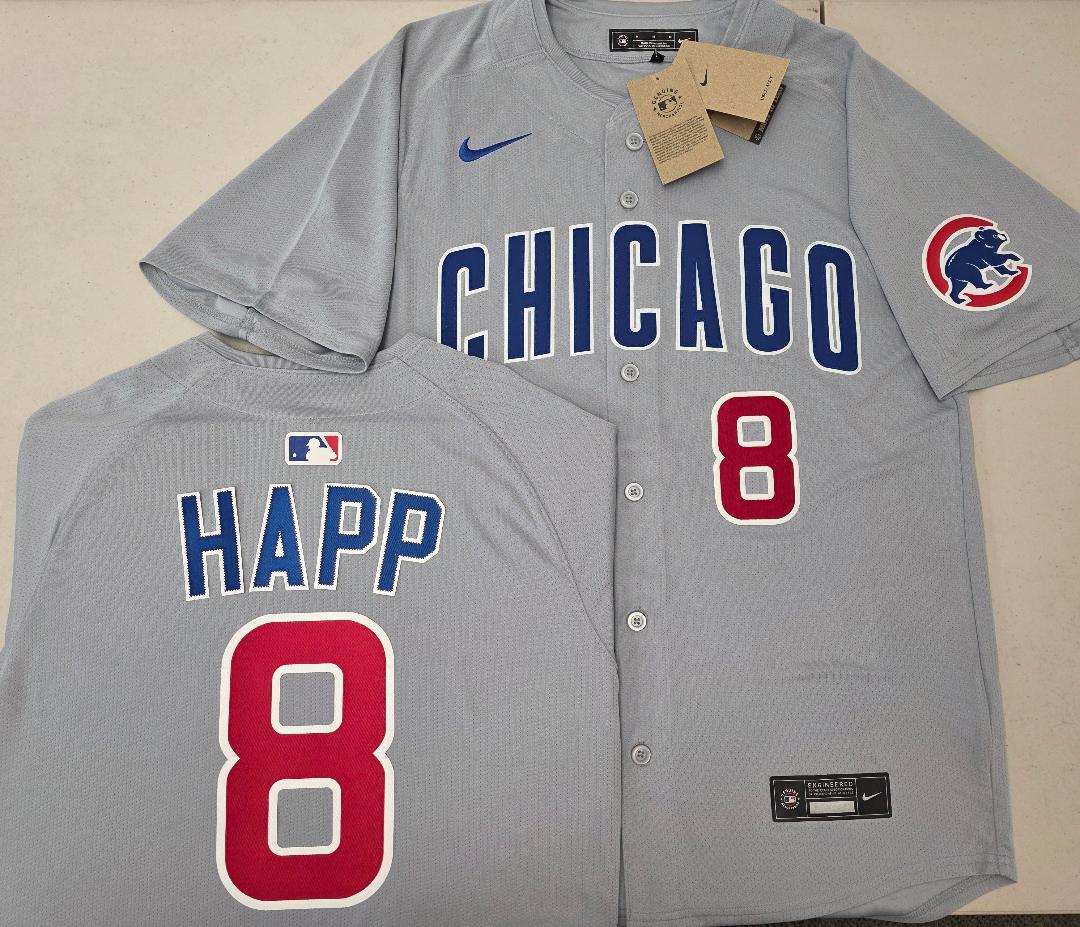 Nike Chicago Cubs IAN HAPP SEWN Baseball Jersey GRAY