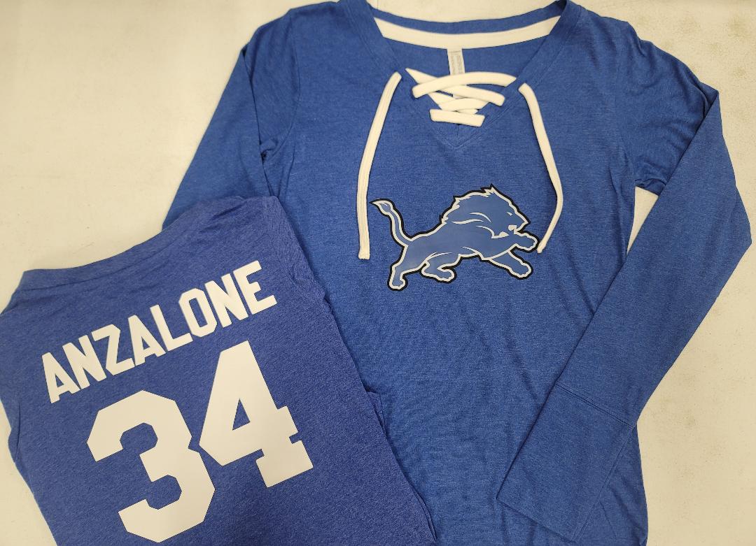 Womens Ladies Detroit Lions ALEX ANZALONE "Laces" Long Sleeve Football Jersey SHIRT ROYAL