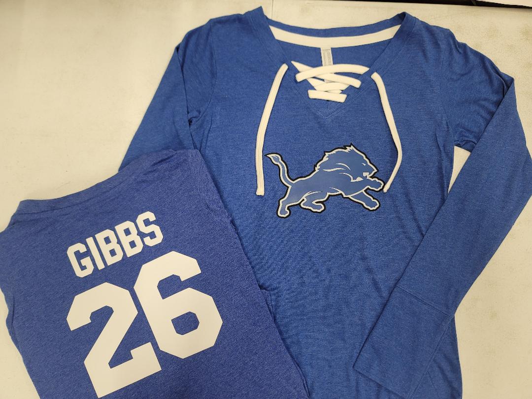 Womens Ladies Detroit Lions JAHMYR GIBBS "Laces" Long Sleeve Football Jersey SHIRT ROYAL