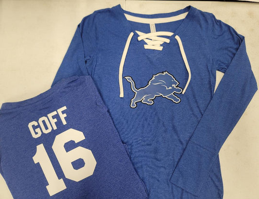 Womens Ladies Detroit Lions JARED GOFF "Laces" Long Sleeve Football Jersey SHIRT ROYAL