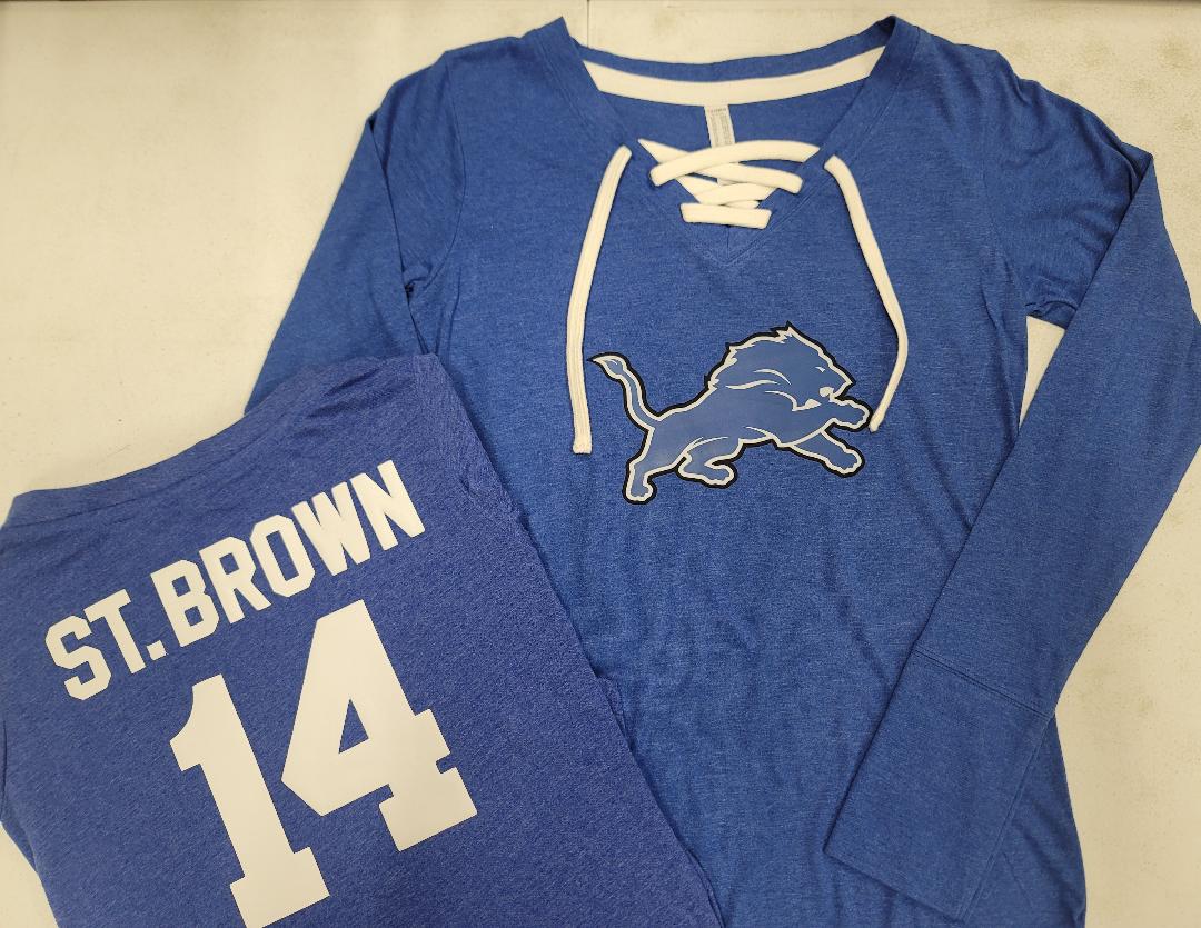 Womens Ladies Detroit Lions AMON-RA ST BROWN "Laces" Long Sleeve Football Jersey SHIRT ROYAL