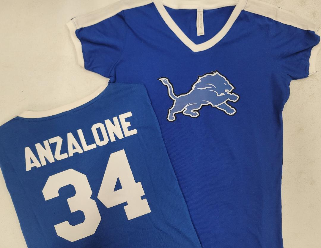 Womens Ladies Detroit Lions ALEX ANZALONE V-Neck Ringer Football Jersey SHIRT ROYAL