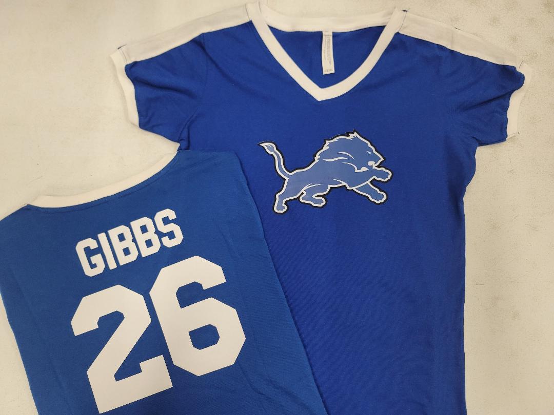 Womens Ladies Detroit Lions JAHMYR GIBBS V-Neck Ringer Football Jersey SHIRT ROYAL