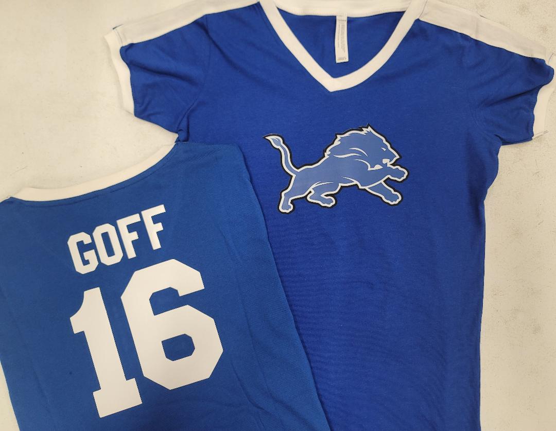 Womens Ladies Detroit Lions JARED GOFF V-Neck Ringer Football Jersey SHIRT ROYAL