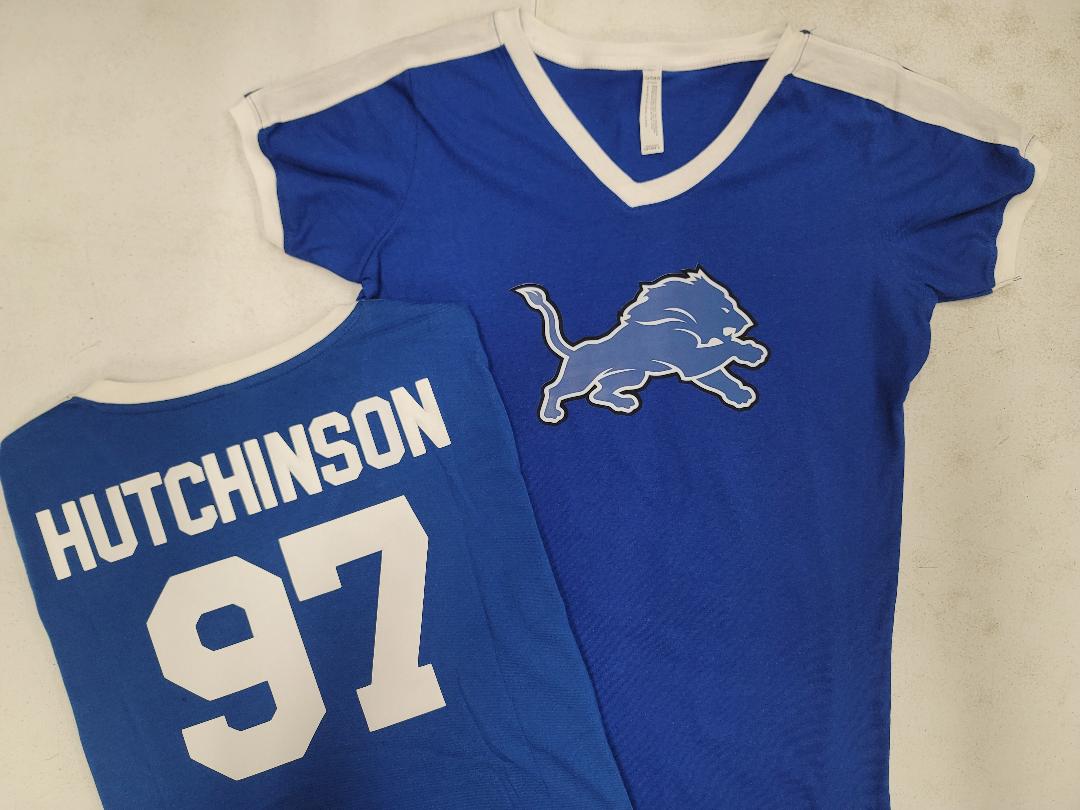 Womens Ladies Detroit Lions AIDEN HUTCHINSON V-Neck Ringer Football Jersey SHIRT ROYAL