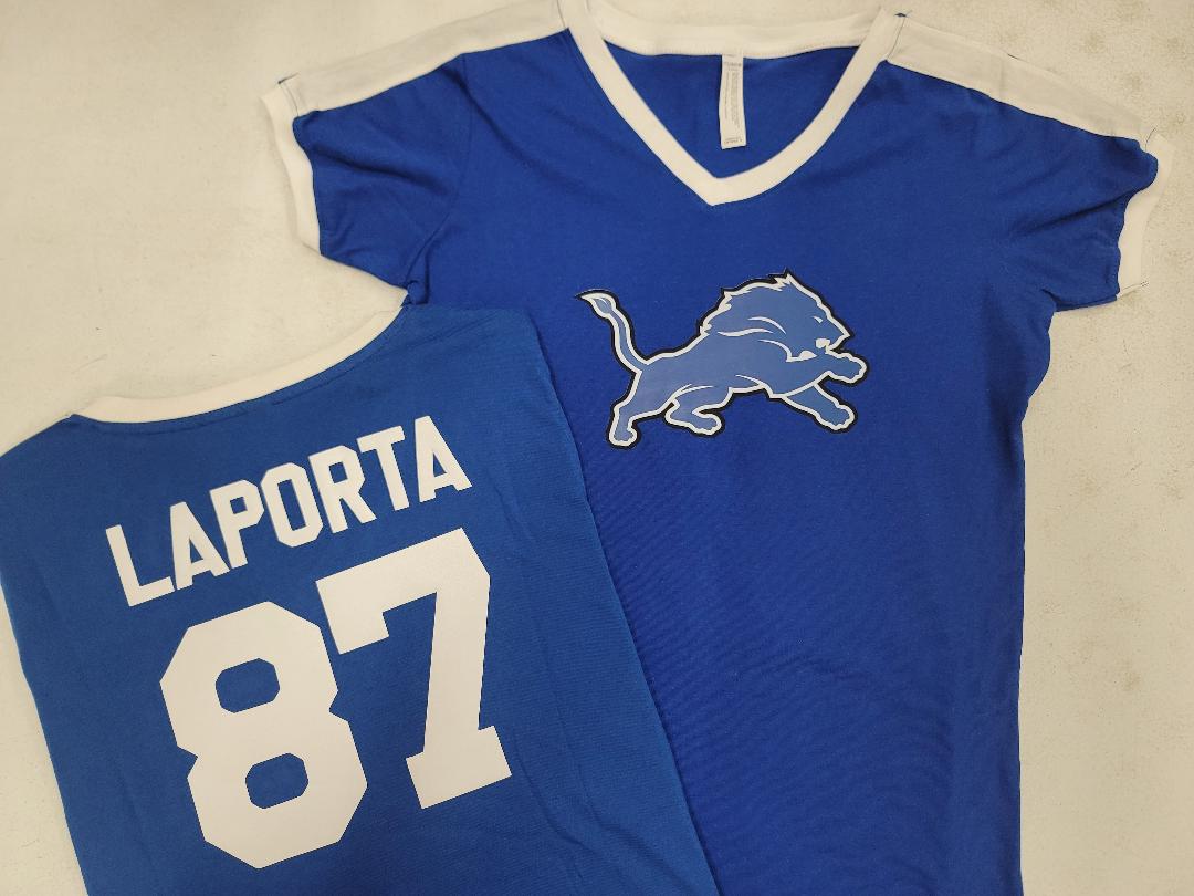 Womens Ladies Detroit Lions SAM LAPORTA V-Neck Ringer Football Jersey SHIRT ROYAL