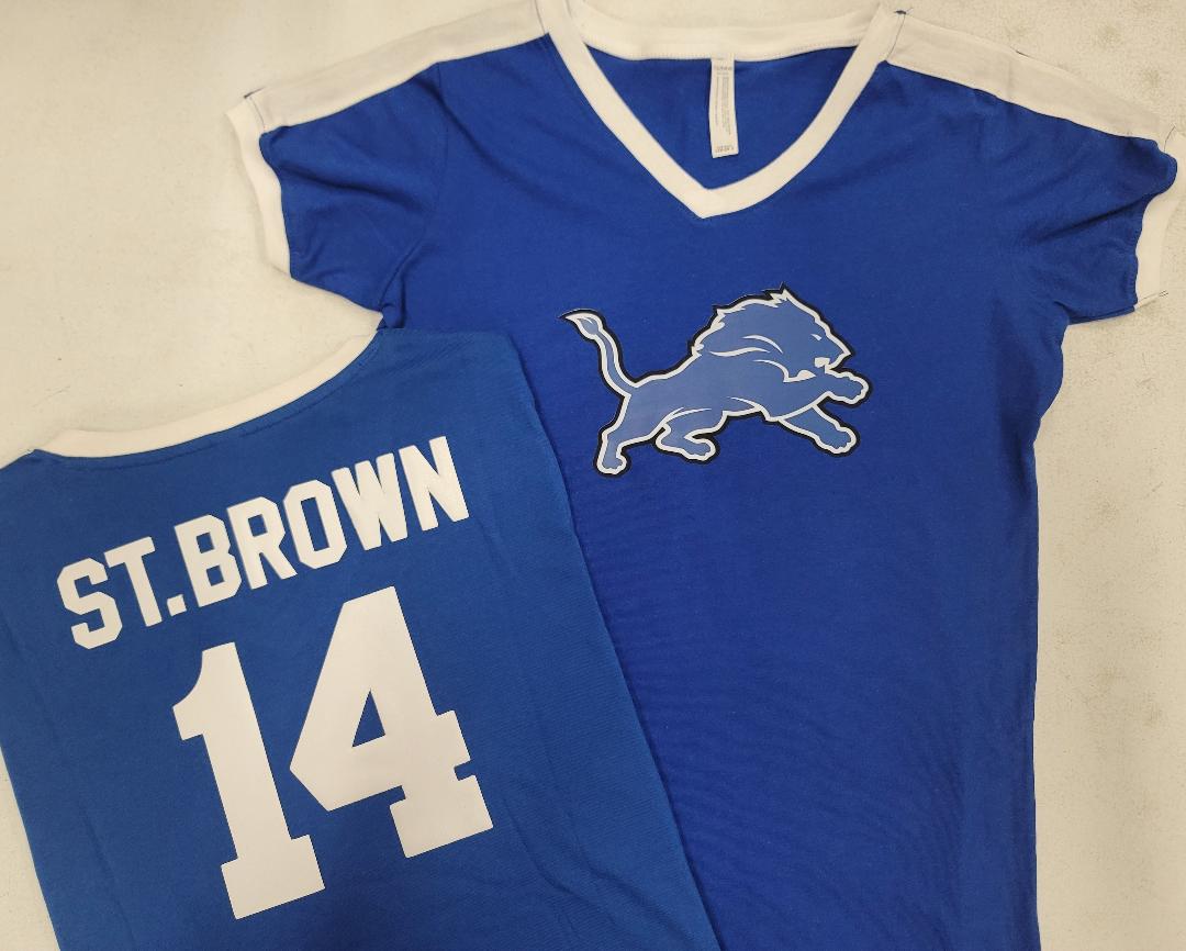 Womens Ladies Detroit Lions AMON-RA ST BROWN V-Neck Ringer Football Jersey SHIRT ROYAL