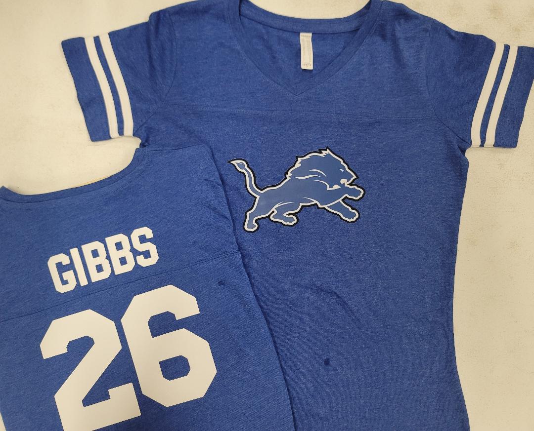 Womens Ladies Detroit Lions JAHMYR GIBBS "Stripes" Football Jersey SHIRT ROYAL New