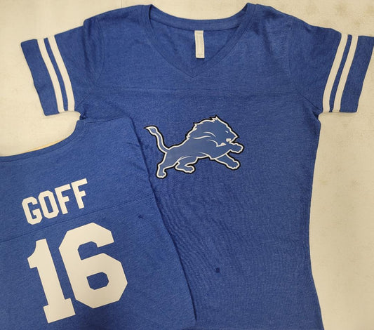 Womens Ladies Detroit Lions JARED GOFF "Stripes" Football Jersey SHIRT ROYAL New