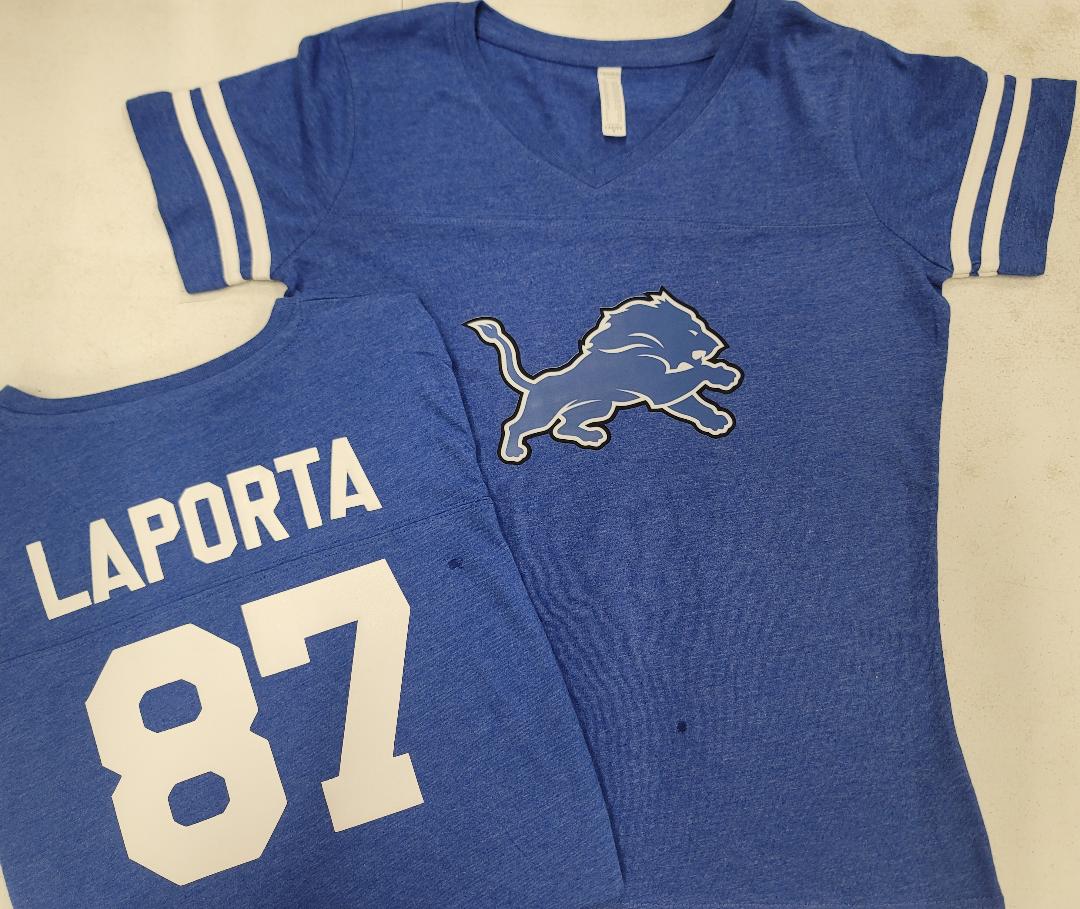 Womens Ladies Detroit Lions SAM LAPORTA "Stripes" Football Jersey SHIRT ROYAL New