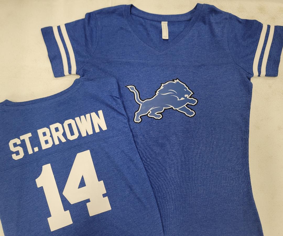 Womens Ladies Detroit Lions AMON-RA ST BROWN "Stripes" Football Jersey SHIRT ROYAL New