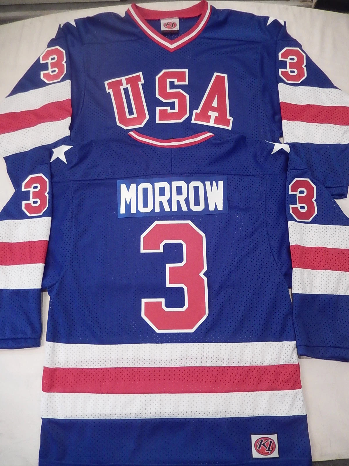 Mens K1 KEN MORROW 1980 Miracle On Ice Hockey Jersey BLUE