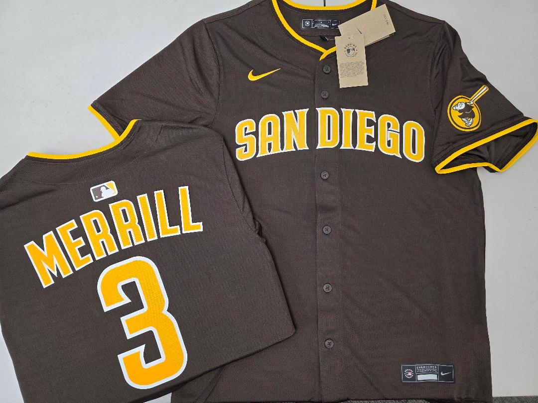 Mens NIKE San Diego Padres JACKSON MERRILL Sewn JERSEY Brown