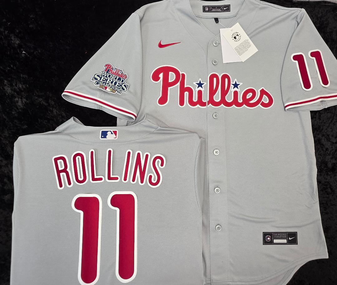 Nike Philadelphia Phillies JIMMY ROLLINS Sewn 2008 World Series Baseball Jersey GRAY