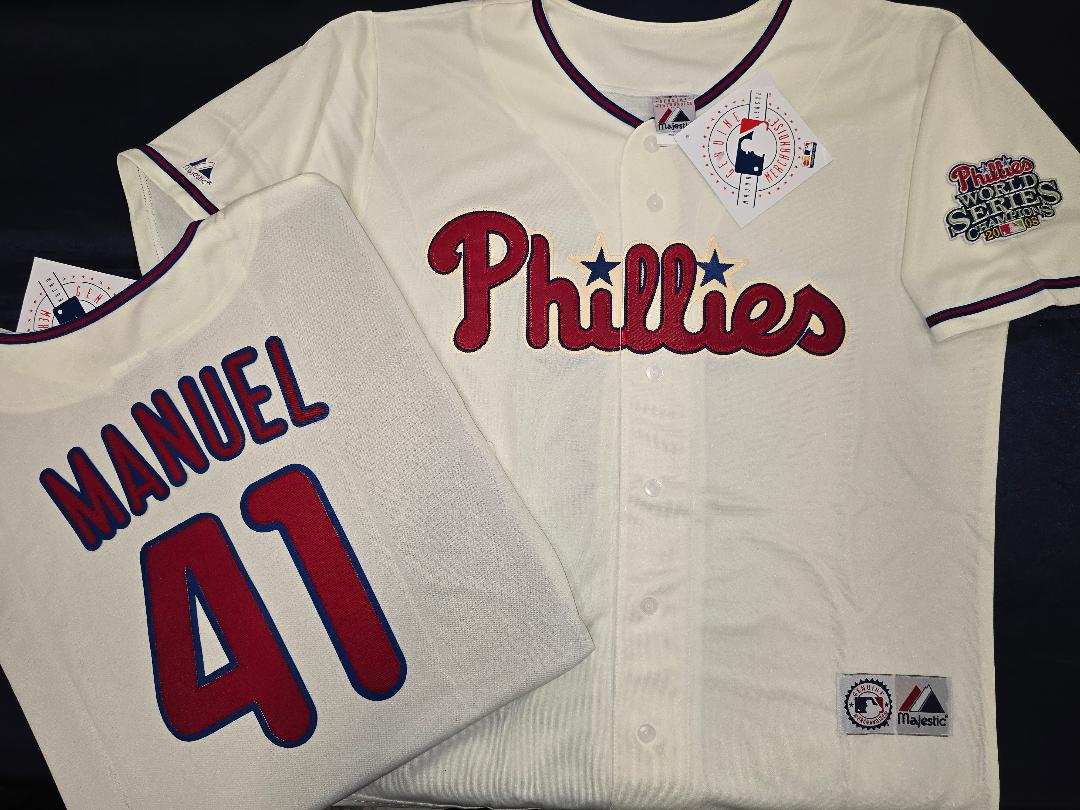 Majestic Philadelphia Phillies CHARLIE MANUEL 2008 World Series Champions Baseball Jersey IVORY