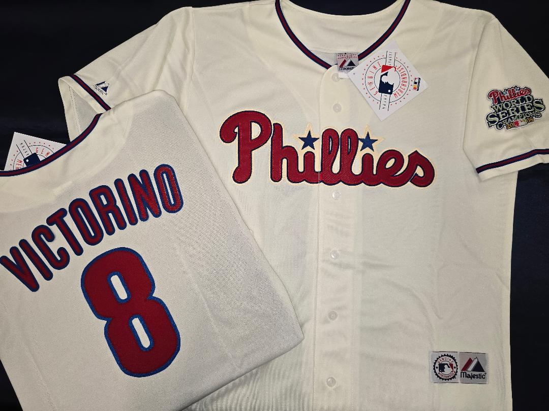 Majestic Philadelphia Phillies SHANE VICTORINO 2008 World Series Champions Baseball Jersey IVORY