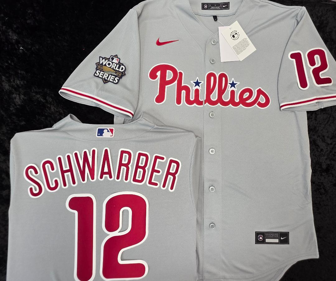 Nike Philadelphia Phillies KYLE SCHWARBER Sewn 2022 World Series Baseball Jersey GRAY