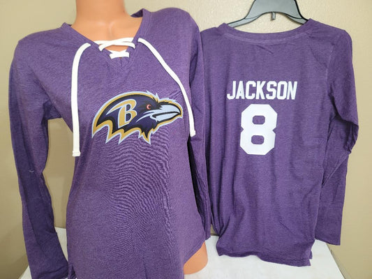 Womens Ladies Baltimore Ravens LAMAR JACKSON "Laces" Long Sleeves Football Jersey SHIRT PURPLE New