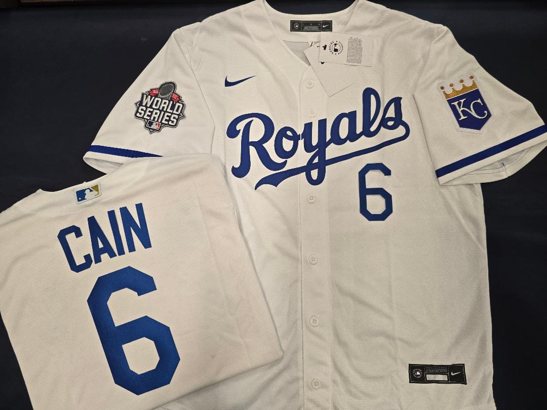 Nike Kansas City Royals LORENZO CAIN 2015 WORLD SERIES Sewn Baseball Jersey WHITE