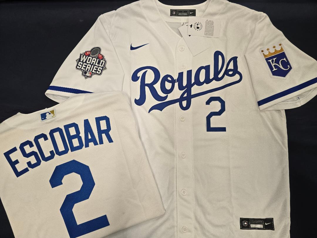 Nike Kansas City Royals ALCIDES ESCOBAR 2015 WORLD SERIES Sewn Baseball Jersey WHITE