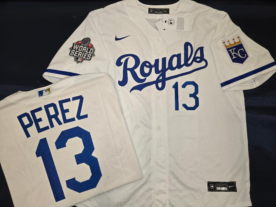 Nike Kansas City Royals SALVADOR PEREZ 2015 WORLD SERIES Sewn Baseball Jersey WHITE
