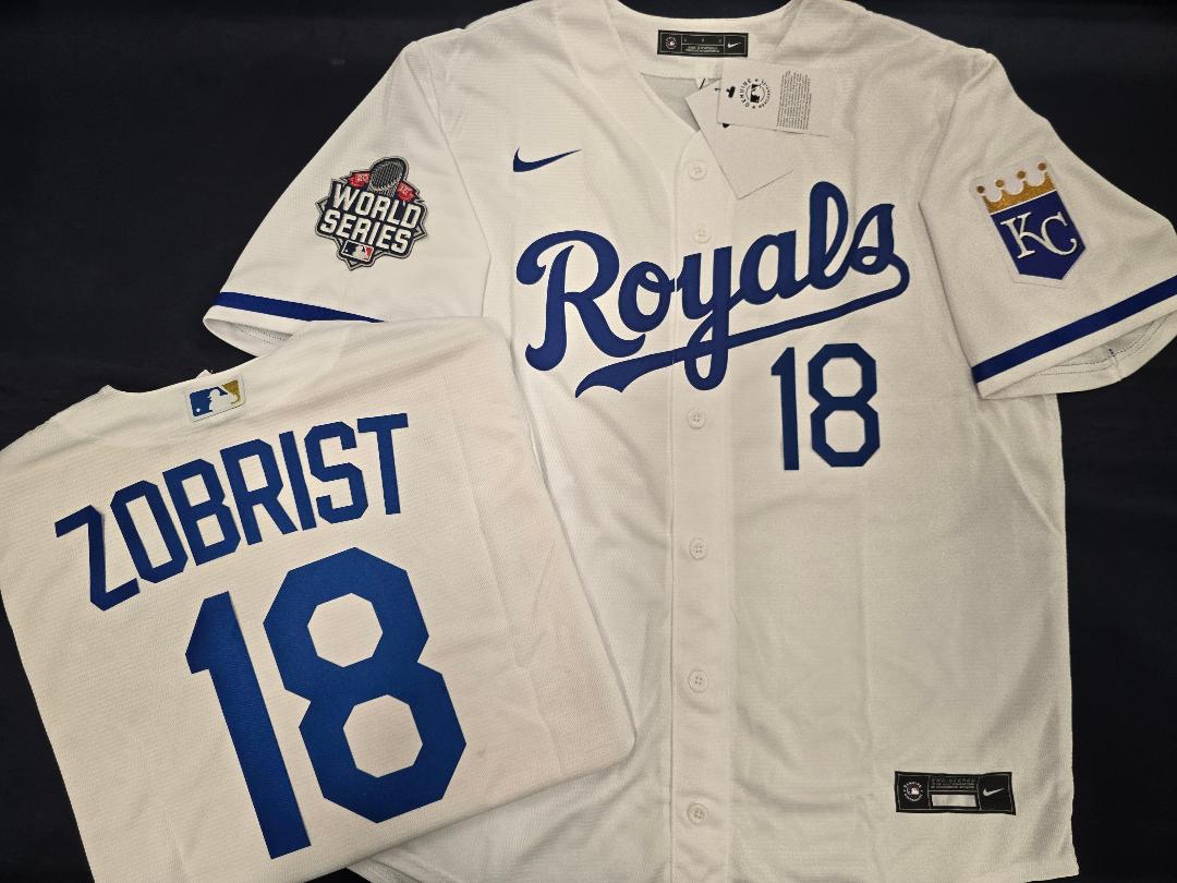 Nike Kansas City Royals BEN ZOBRIST 2015 WORLD SERIES Sewn Baseball Jersey WHITE