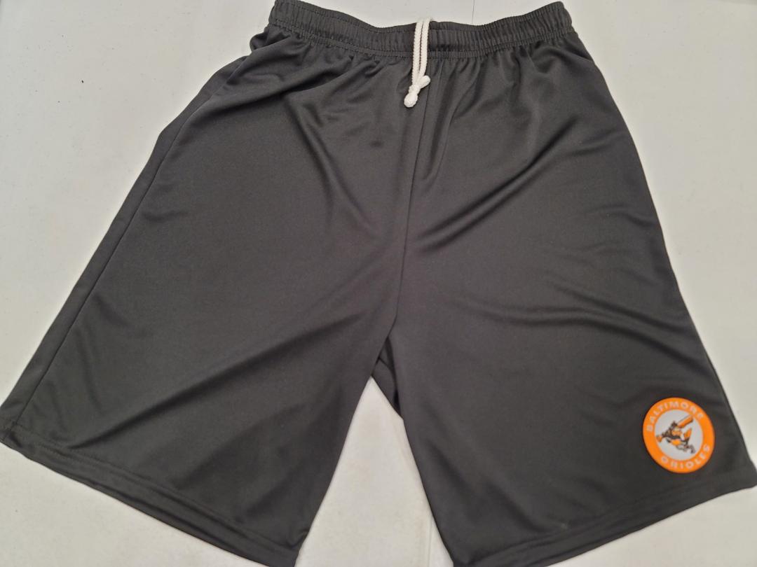 Mens MLB BALTIMORE ORIOLES Moisture Wick Dri Fit Embroidered Logo SHORTS W/POCKETS BLACK