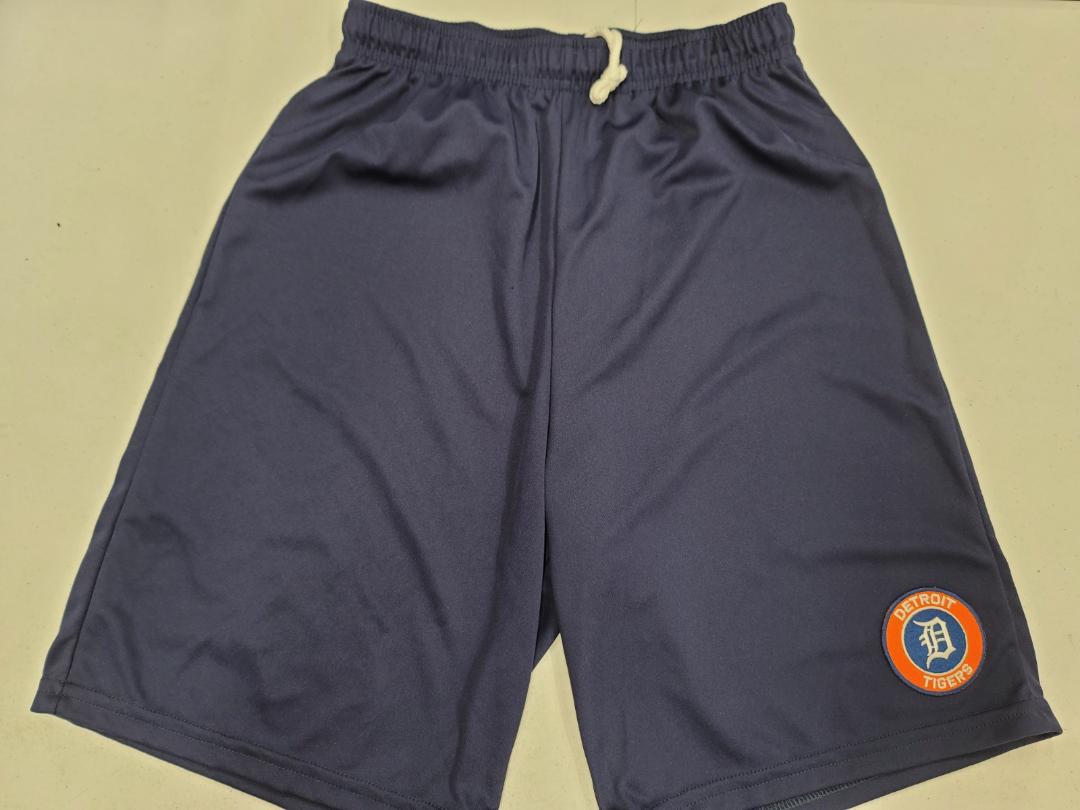 Mens MLB DETROIT TIGERS Moisture Wick Dri Fit SHORTS Embroidered Logo W/POCKETS NAVY