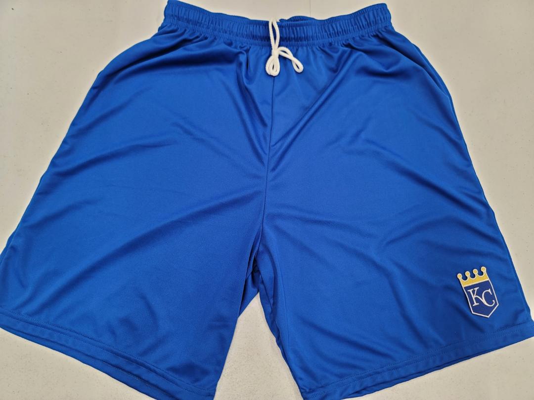 Mens MLB KANSAS CITY ROYALS Moisture Wick Dri Fit Embroidered Logo SHORTS W/POCKETS ROYAL