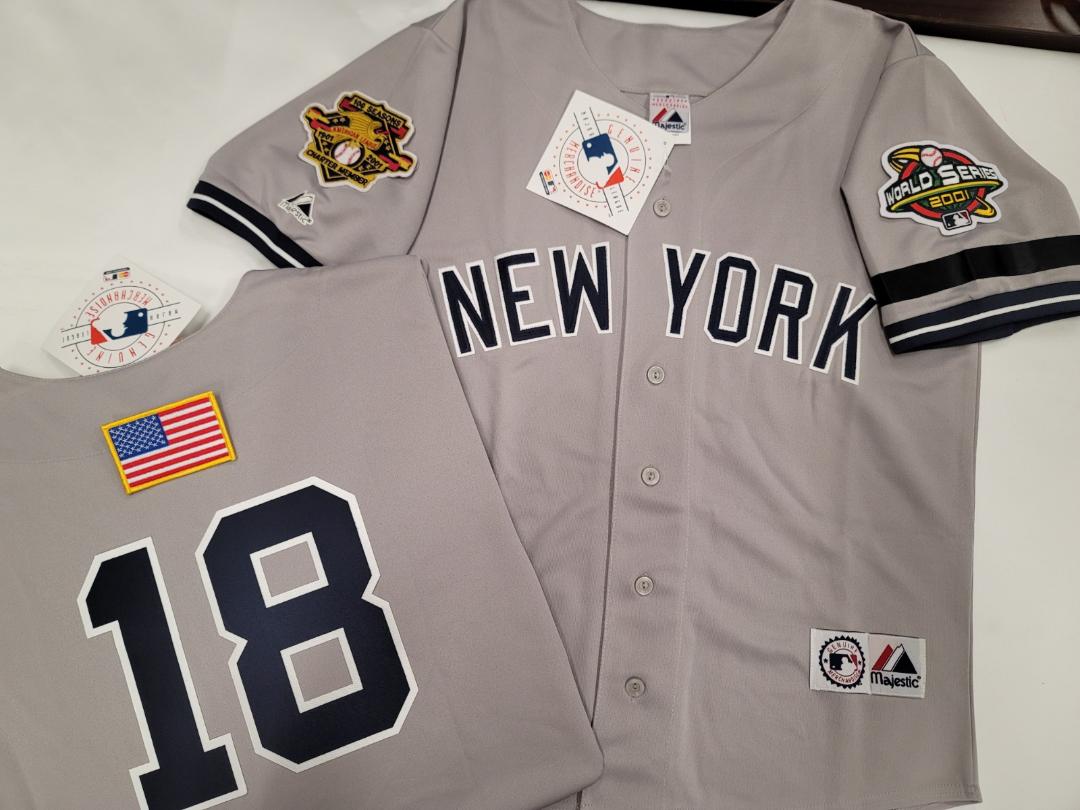 Majestic New York Yankees SCOTT BROSIUS 2001 World Series Baseball Jersey GRAY (9/11 Memorial)