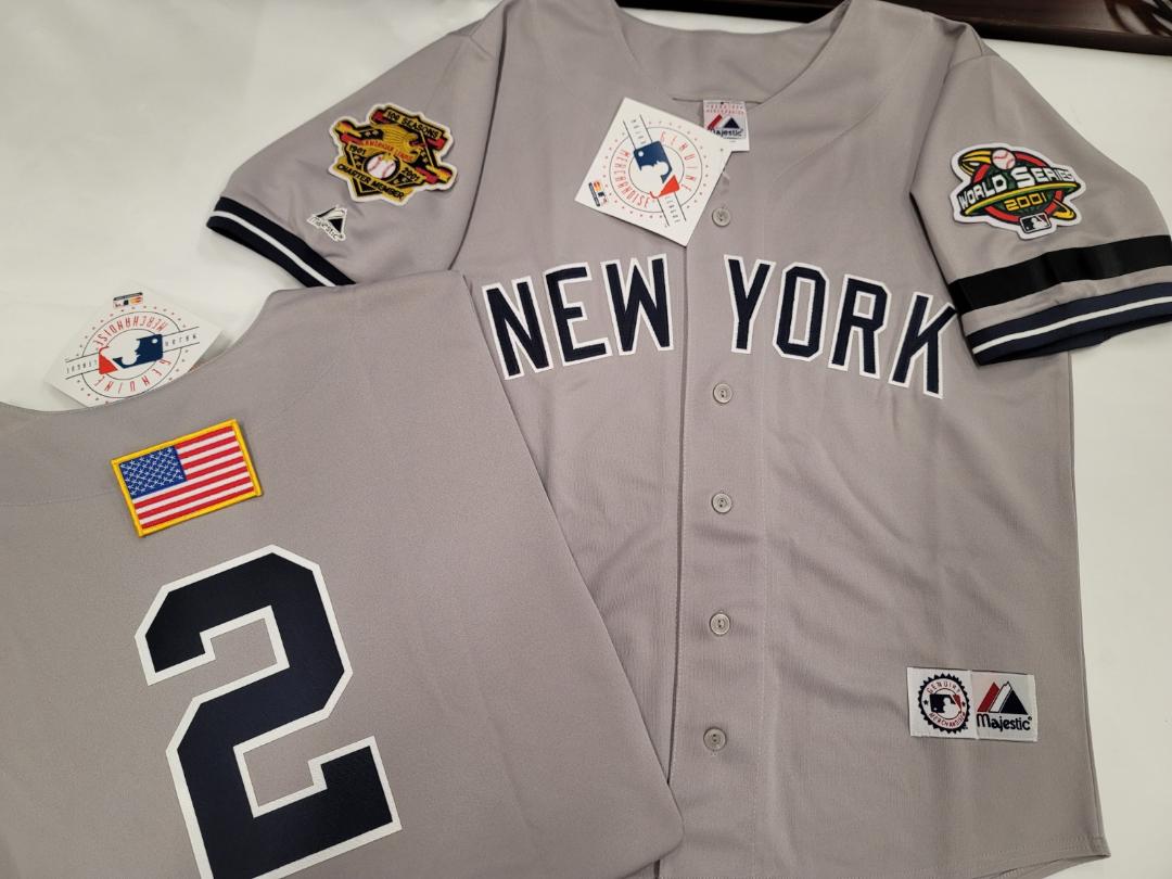 Majestic New York Yankees DEREK JETER 2001 World Series Baseball Jersey GRAY (9/11 Memorial)