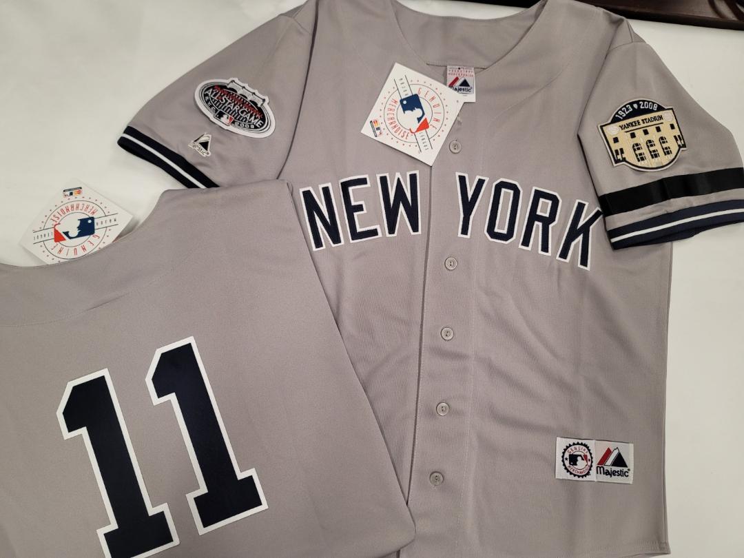 Majestic New York Yankees BRETT GARDNER 2008 Baseball JERSEY GRAY (Stadium Closing & All Star Patch) (Bobby Murcer Memorial Band)
