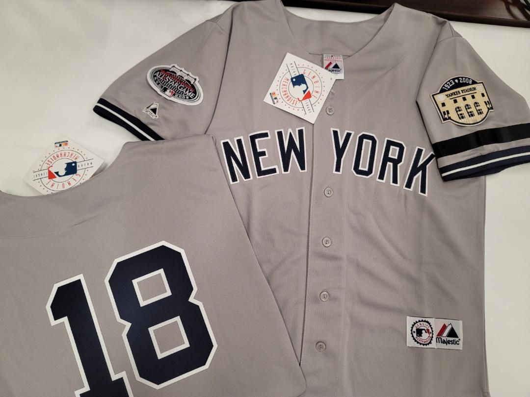 Majestic New York Yankees JOHNNY DAMON 2008 Baseball JERSEY GRAY (Stadium Closing & All Star Patch) (Bobby Murcer Memorial Band)