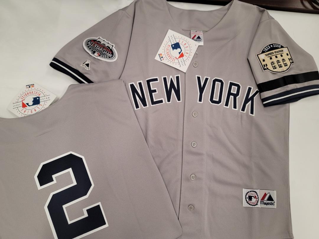 Majestic New York Yankees DEREK JETER 2008 Baseball JERSEY GRAY (Stadium Closing & All Star Patch) (Bobby Murcer Memorial Band)