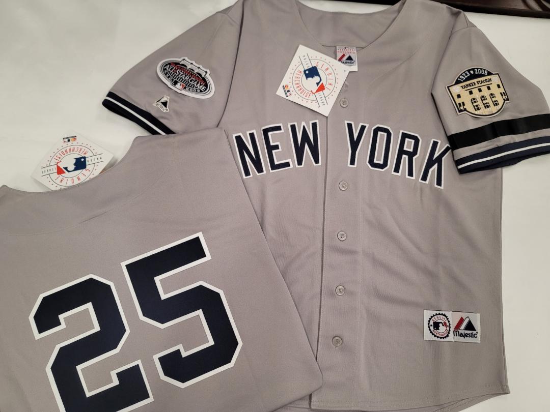 Majestic New York Yankees JASON GIAMBI 2008 Baseball JERSEY GRAY (Stadium Closing & All Star Patch) (Bobby Murcer Memorial Band)