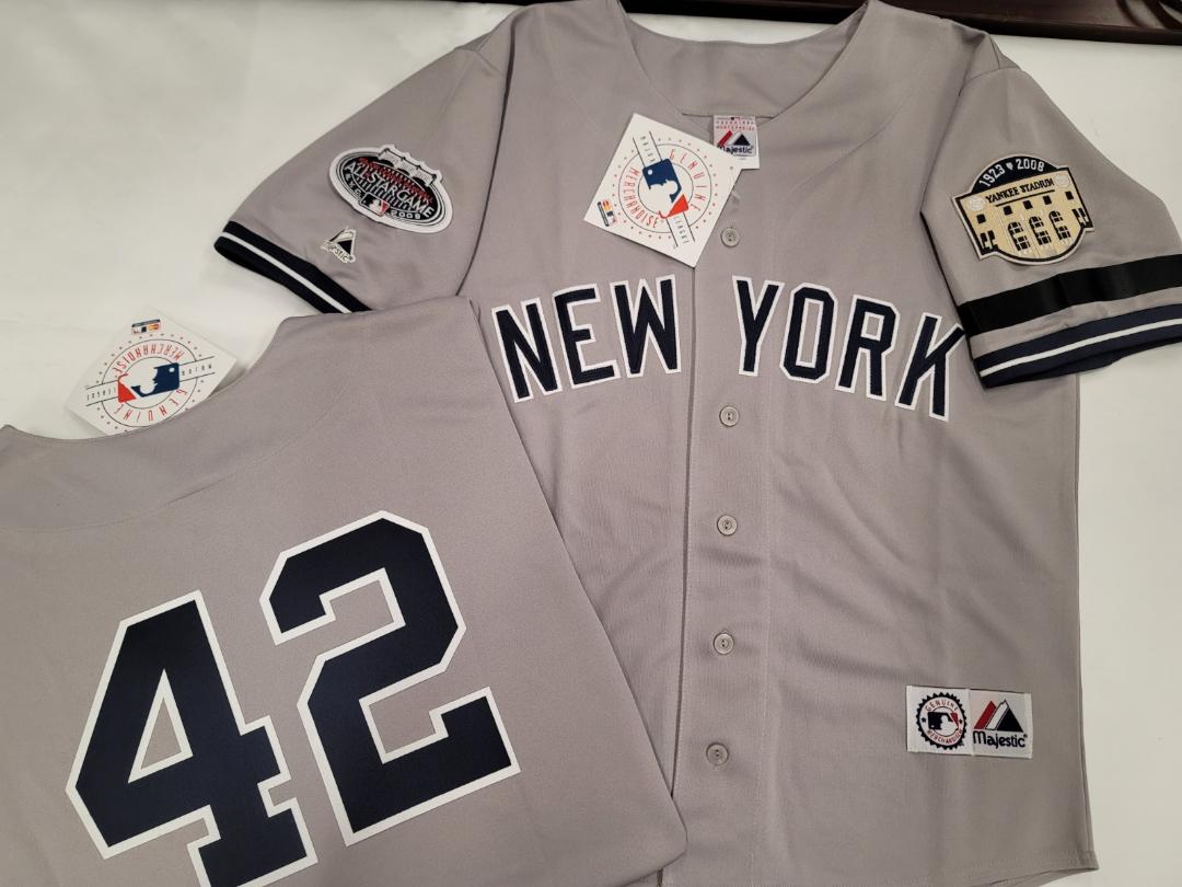 Majestic New York Yankees MARIANO RIVERA 2008 Baseball JERSEY GRAY (Stadium Closing & All Star Patch) (Bobby Murcer Memorial Band)