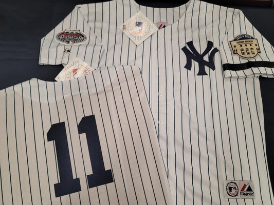 Majestic New York Yankees BRETT GARDNER 2008 Baseball JERSEY White P/S (Stadium Closing & All Star Patch) (Bobby Murcer Memorial Band)
