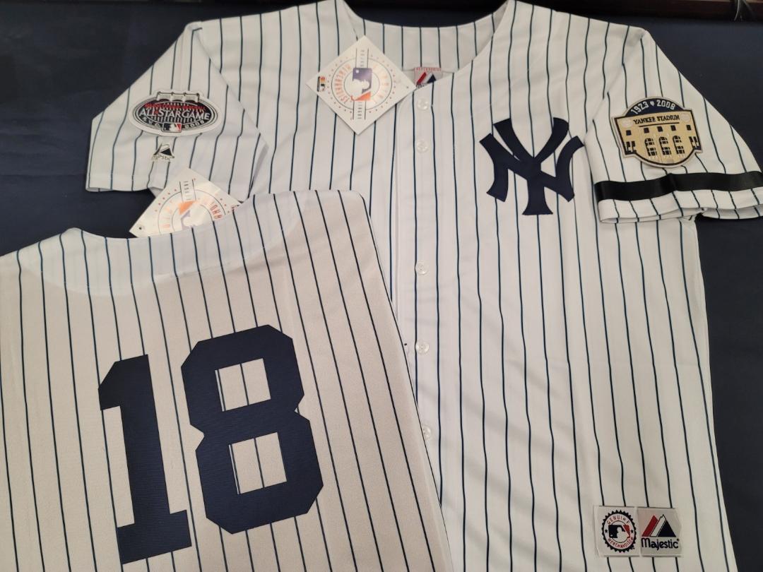 Majestic New York Yankees JOHNNY DAMON 2008 Baseball JERSEY White P/S (Stadium Closing & All Star Patch) (Bobby Murcer Memorial Band)