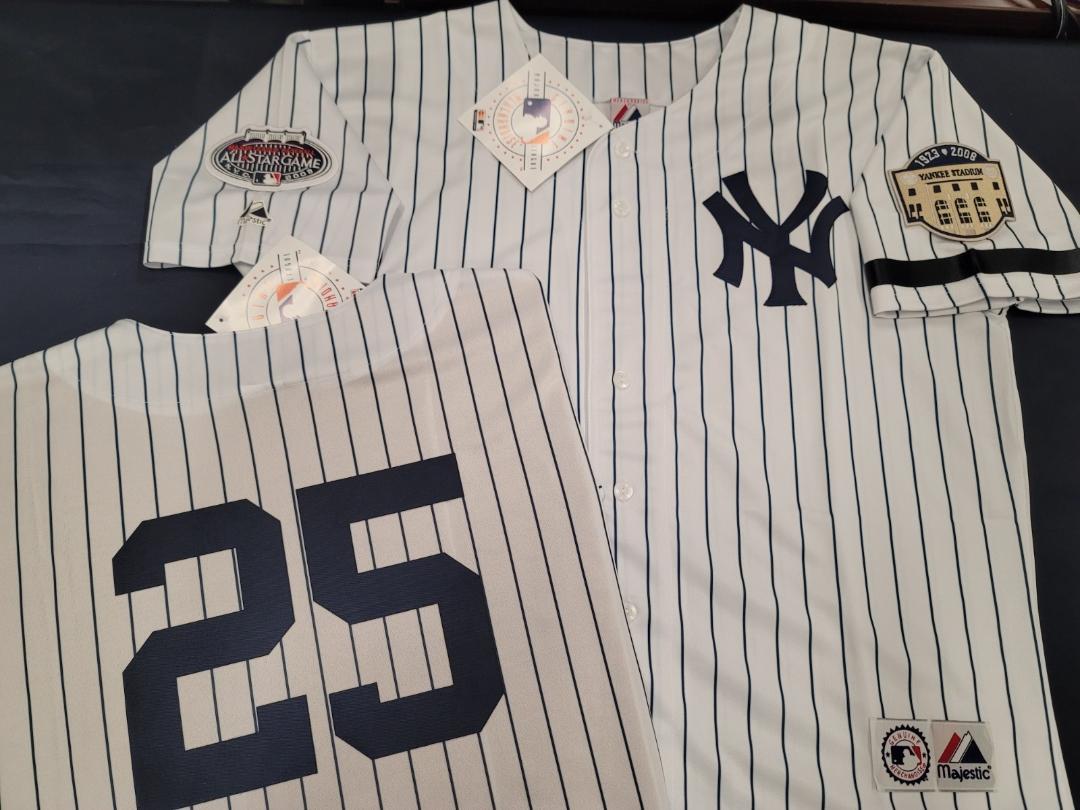 Majestic New York Yankees JASON GIAMBI 2008 Baseball JERSEY White P/S (Stadium Closing & All Star Patch) (Bobby Murcer Memorial Band)