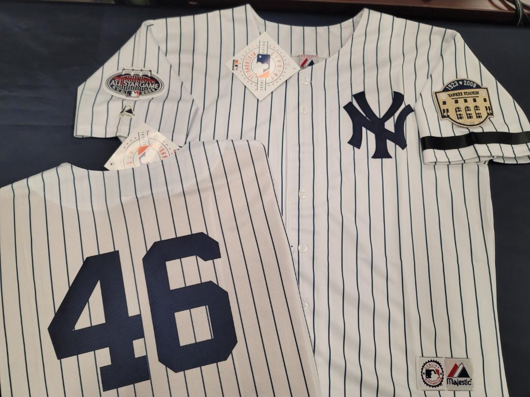 Majestic New York Yankees ANDY PETTITTE 2008 Baseball JERSEY White P/S (Stadium Closing & All Star Patch) (Bobby Murcer Memorial Band)