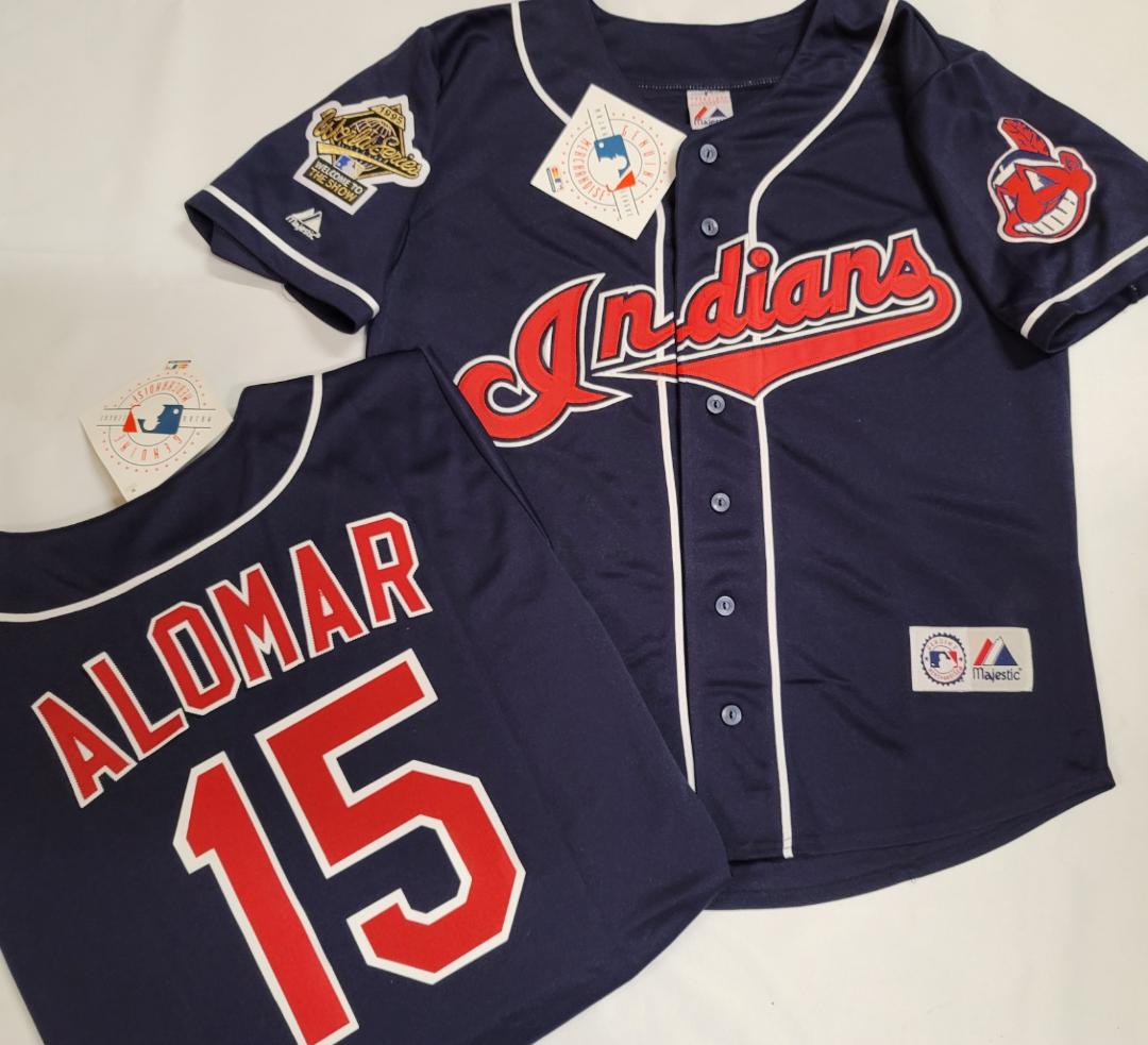thumbnail interactive-video image 1 of Sandy Alomar 1995 Cleveland Indians World Series Jersey – Men's Majestic Navy Blue Alt 1 of 4