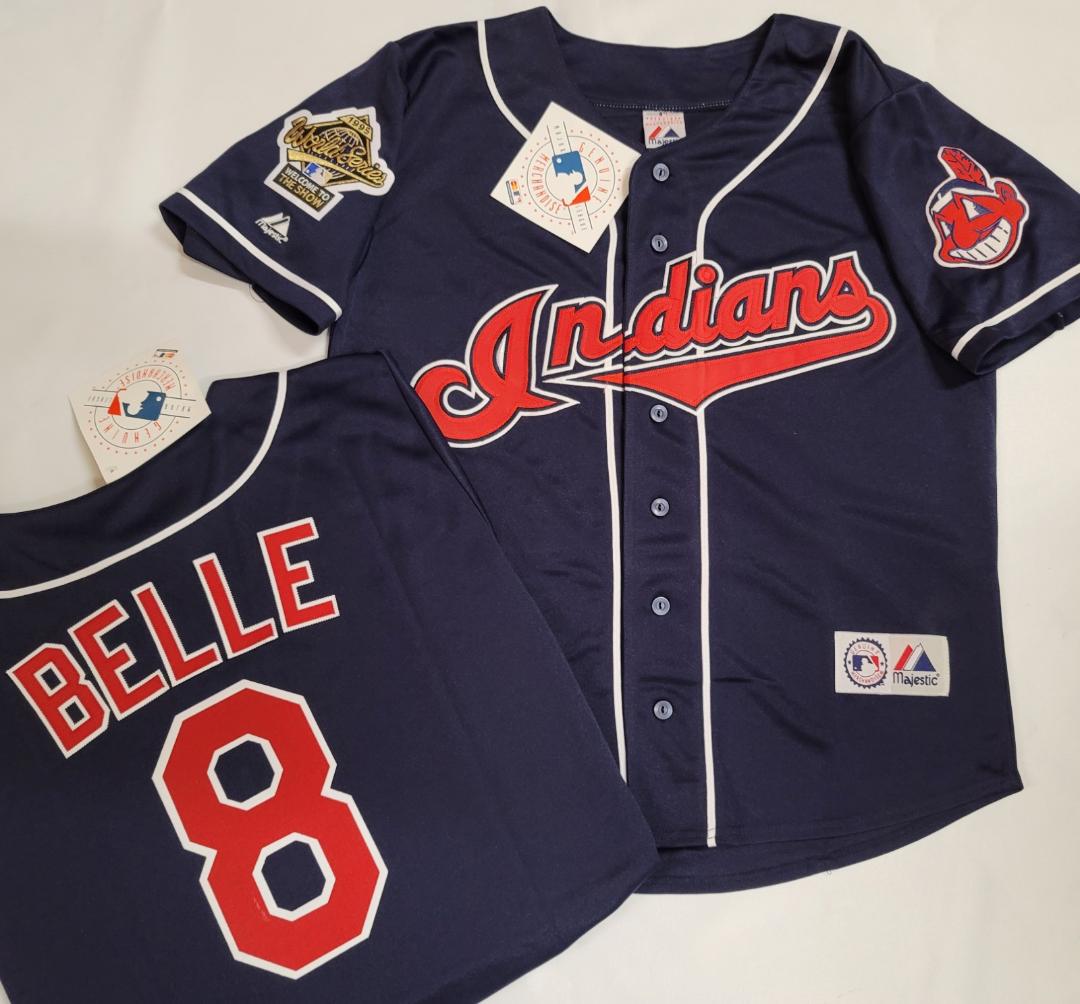 Majestic Cleveland Indians ALBERT BELLE 1995 World Series Baseball Jersey BLUE