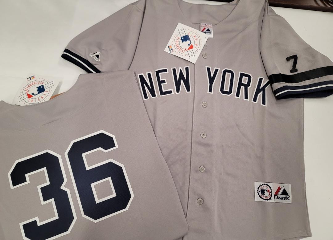 Majestic New York Yankees DAVID CONE 1995 Baseball Jersey GRAY w/#7 (Mantle)