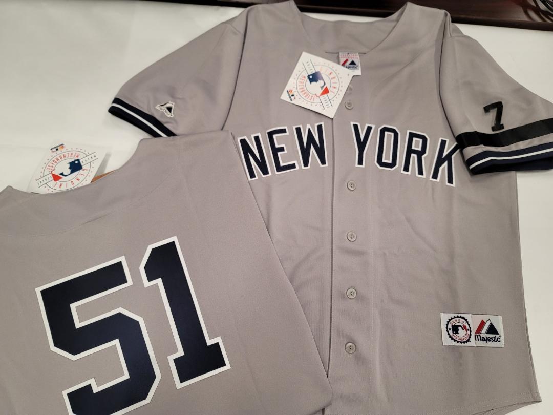 Majestic New York Yankees BERNIE WILLIAMS 1995 Baseball Jersey GRAY w/#7 (Mantle)